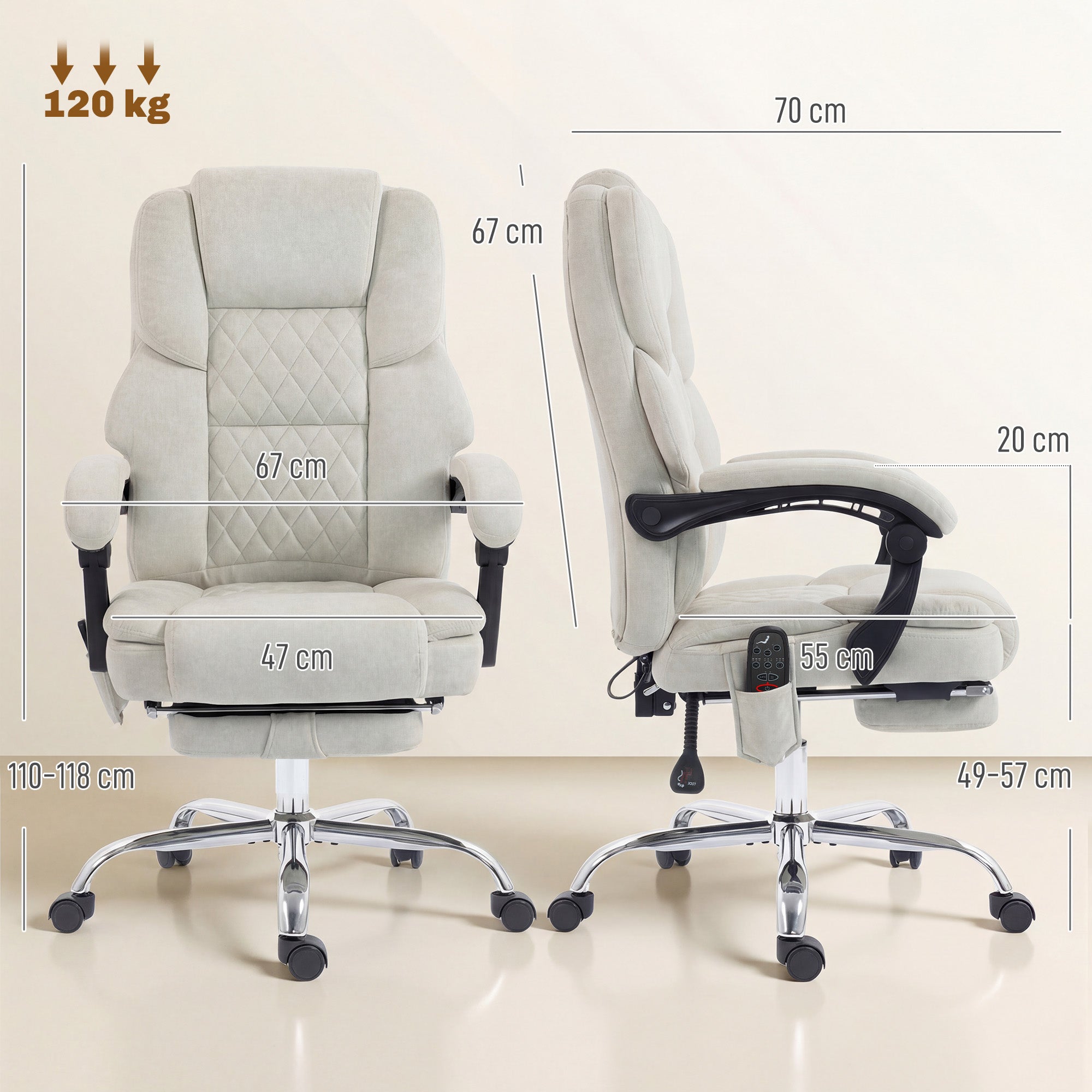 HOMCOM Office Chair with 6-point Vibration Massage and Heat, Fabric Desk Chair with Footrest, High Back, Cream White 
