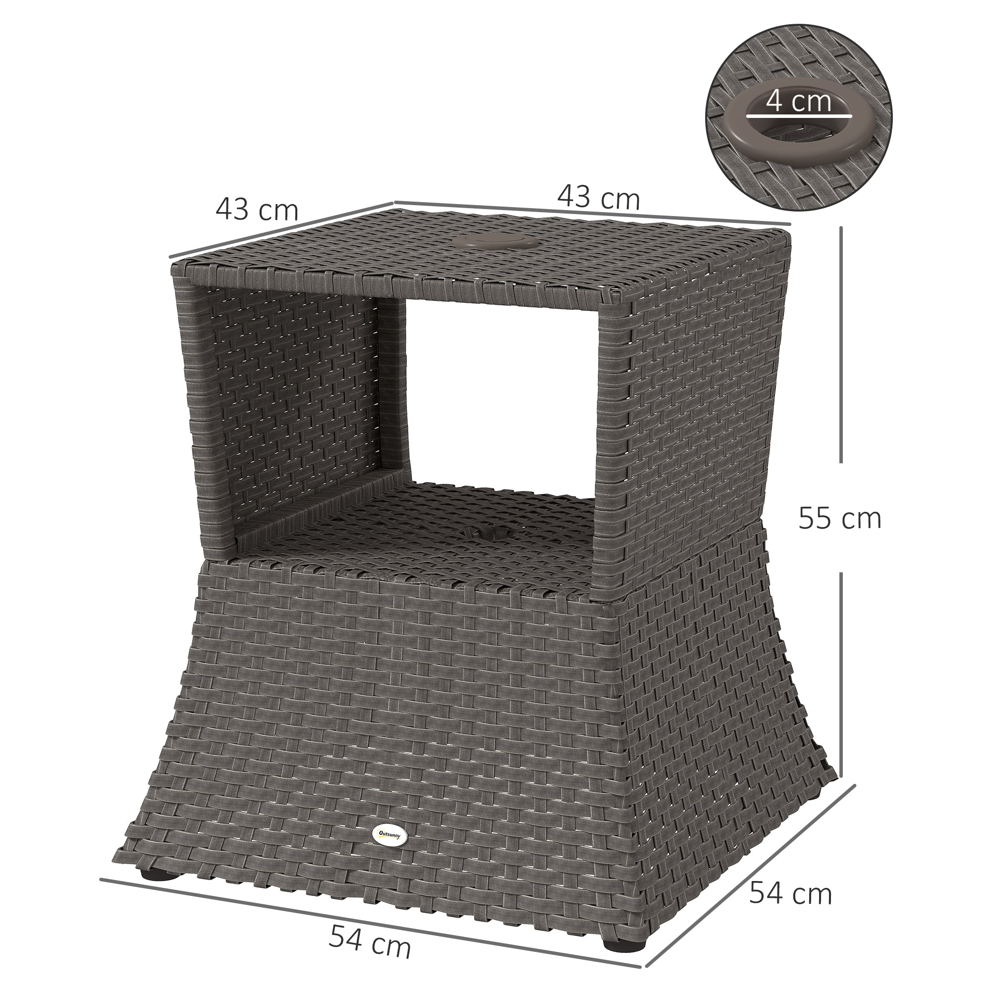 Outsunny Rattan Outdoor Coffee Table, Wicker Garden Patio Bistro Side Table with Umbrella Hole and Storage Space, Dark Grey 
