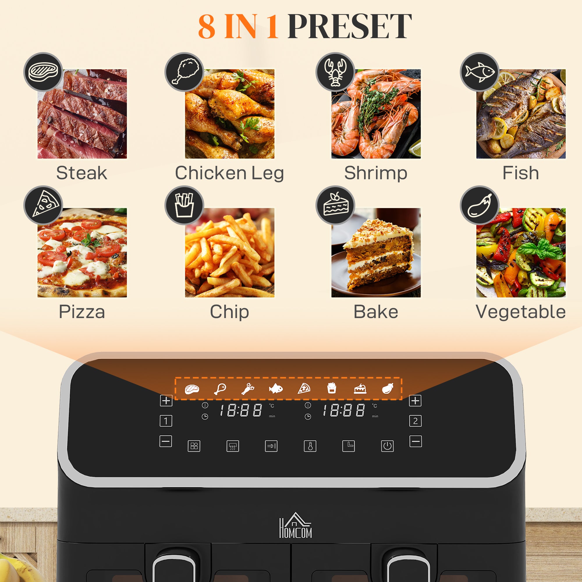 HOMCOM 8L Dual Basket Air Fryer, 80-200\'e2\'84\'83, with Sync Function - Black/Silver