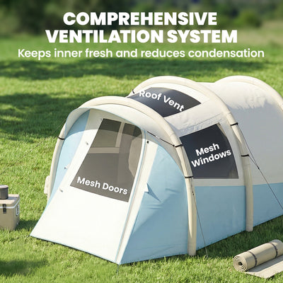 Outsunny Inflatable Camping Tent w/ Air Pump, Easy Setup 2-3 Person Blow Up Tent, Light Blue 
