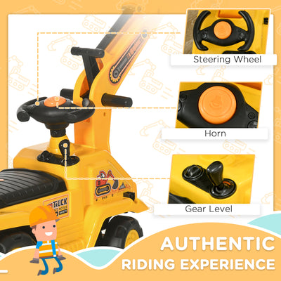 HOMCOM 2 in 1 Kids Ride On Tractor Pull Cart with Bucket, Under Seat Storage, Horn, High Backrest, for 1.5-4 Years Old, Yellow 