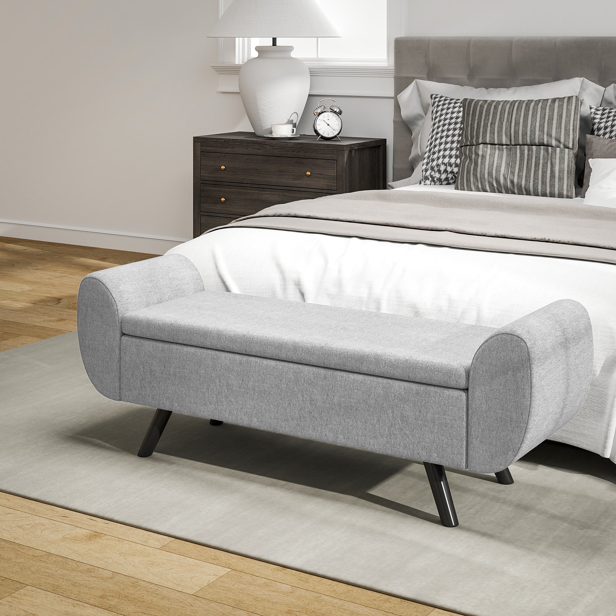 HOMCOM Storage Ottoman with Armrest, Upholstered Linen Storage Bench, Window Seat with Rubberwood Legs, Footstool for Bedroom Living Room, Hallway, Dark Grey 