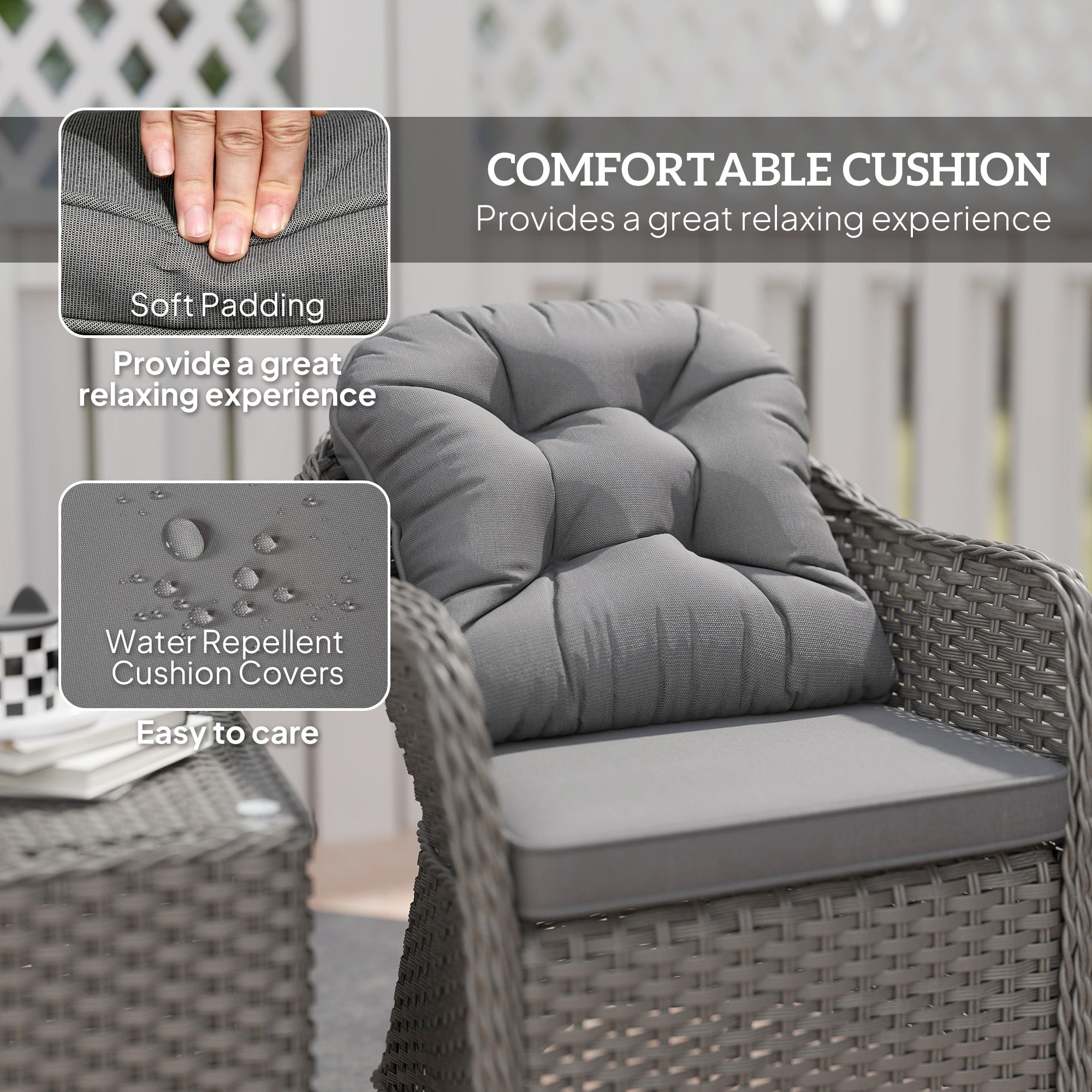 Outsunny Three-Piece Super Padded Rattan Set - Light Grey 