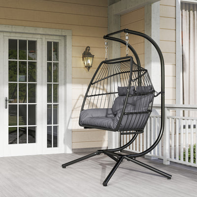Outsunny Rattan Double Hanging Egg Chair with Stand, Foldable Wicker Swing Egg Chair with Cushion, Head Pillows, Steel Frame, Hammock Chair for Indoor Outdoor, Capacity 260 kg, Dark Grey 