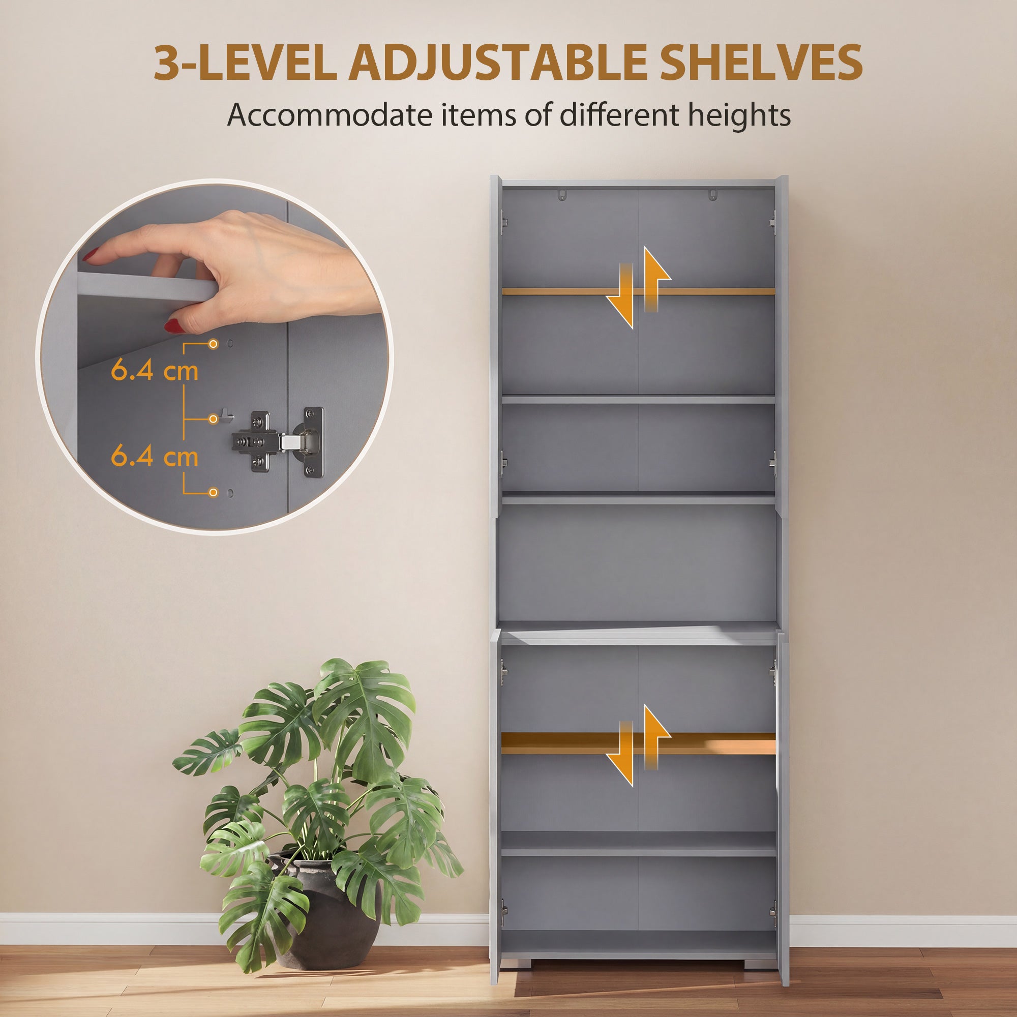 HOMCOM 180 cm Tall Kitchen Cupboard, Pantry Storage Cabinet with Soft Close Doors and Adjustable Shelves, High Gloss Grey 