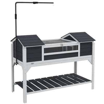 PawHut Wooden Tortoise Enclosure w/ Adjustable Lamp Holder, Openable Lid, Dual Main Houses, Storage Shelf, Fixed Tray - Grey 