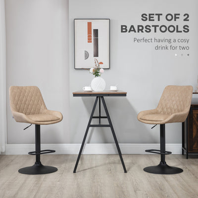HOMCOM Retro Bar Stools Set of 2, Adjustable Kitchen Stool, Upholstered Bar Chairs with Back, Swivel Seat, Light Khaki 