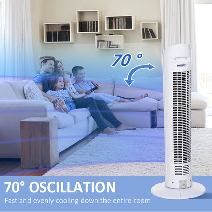 HOMCOM Tower Fan for Bedroom Cooling, 30 Inch Electric 70° Oscillating Fan with 3 Speed Settings, Standing Floor Fan for Home Office Indoor, White 