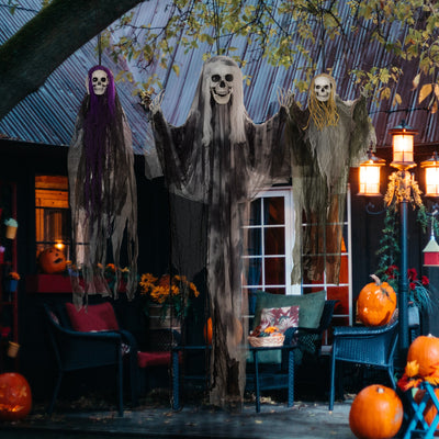 HOMCOM Set of 3 Hanging Skeleton Halloween Decorations, Scary Flying Ghost for Garden, Party, 90/110/170cm 