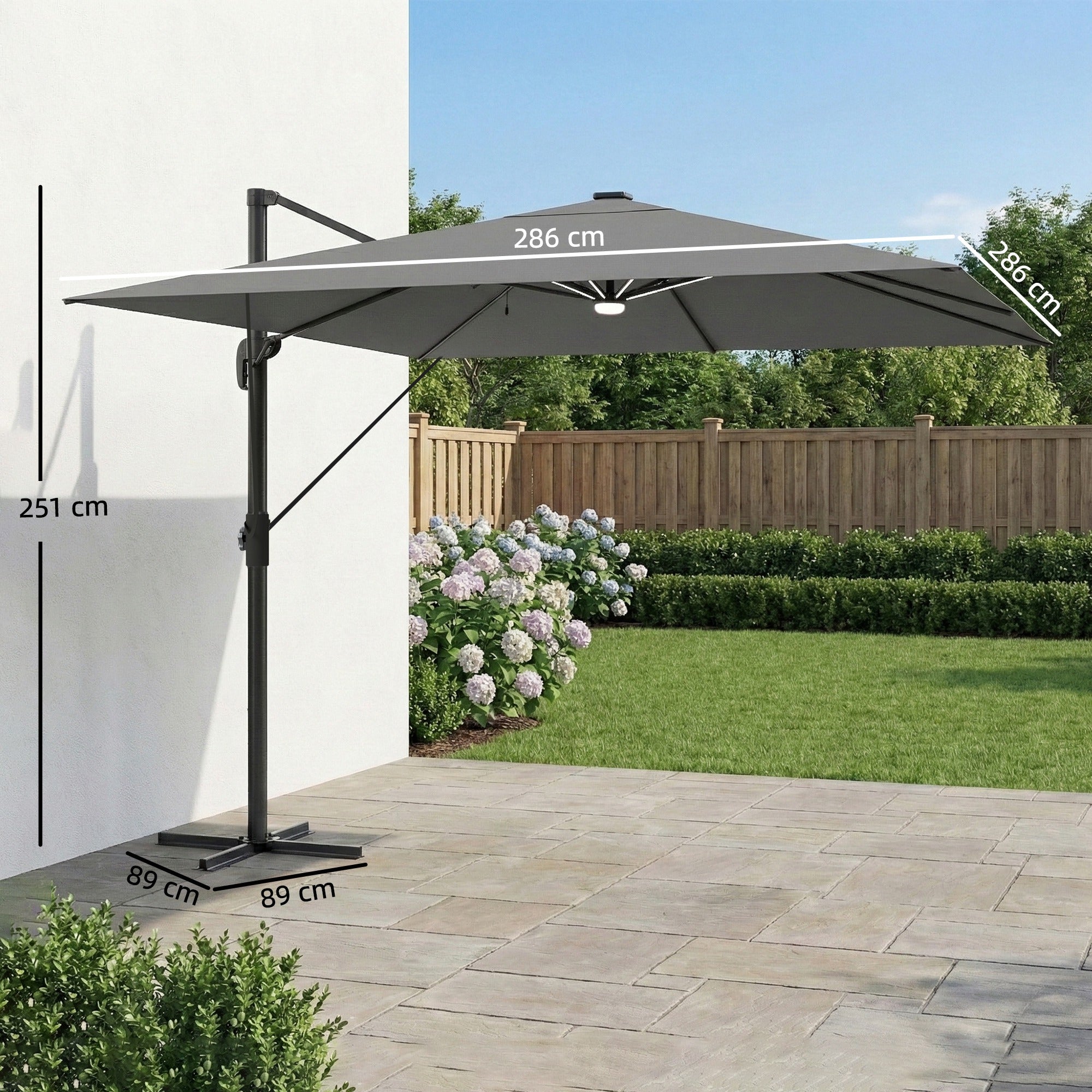 Outsunny 3 x 3 m Garden Cantilever Parasol with Light, Cover, Overhanging Umbrella w/ Wind Protection, 360° Rotation, Light Grey 