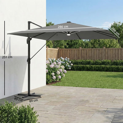 Outsunny 3 x 3 m Garden Cantilever Parasol with Light, Cover, Overhanging Umbrella w/ Wind Protection, 360° Rotation, Light Grey 
