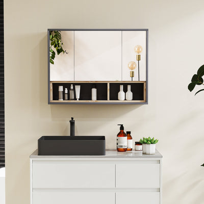 HOMCOM Bathroom Mirror Cabinet, Wall Mounted Bathroom Cabinet with Mirror, 3 Doors and Cupboards, Grey 