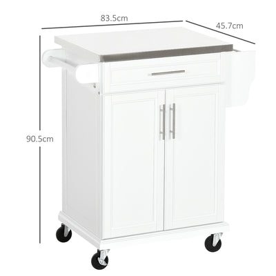 HOMCOM Wooden Kitchen Island on Wheels, Serving Cart Storage Trolley with Stainless Steel Top, Drawer, Side Handle and Rack, White 