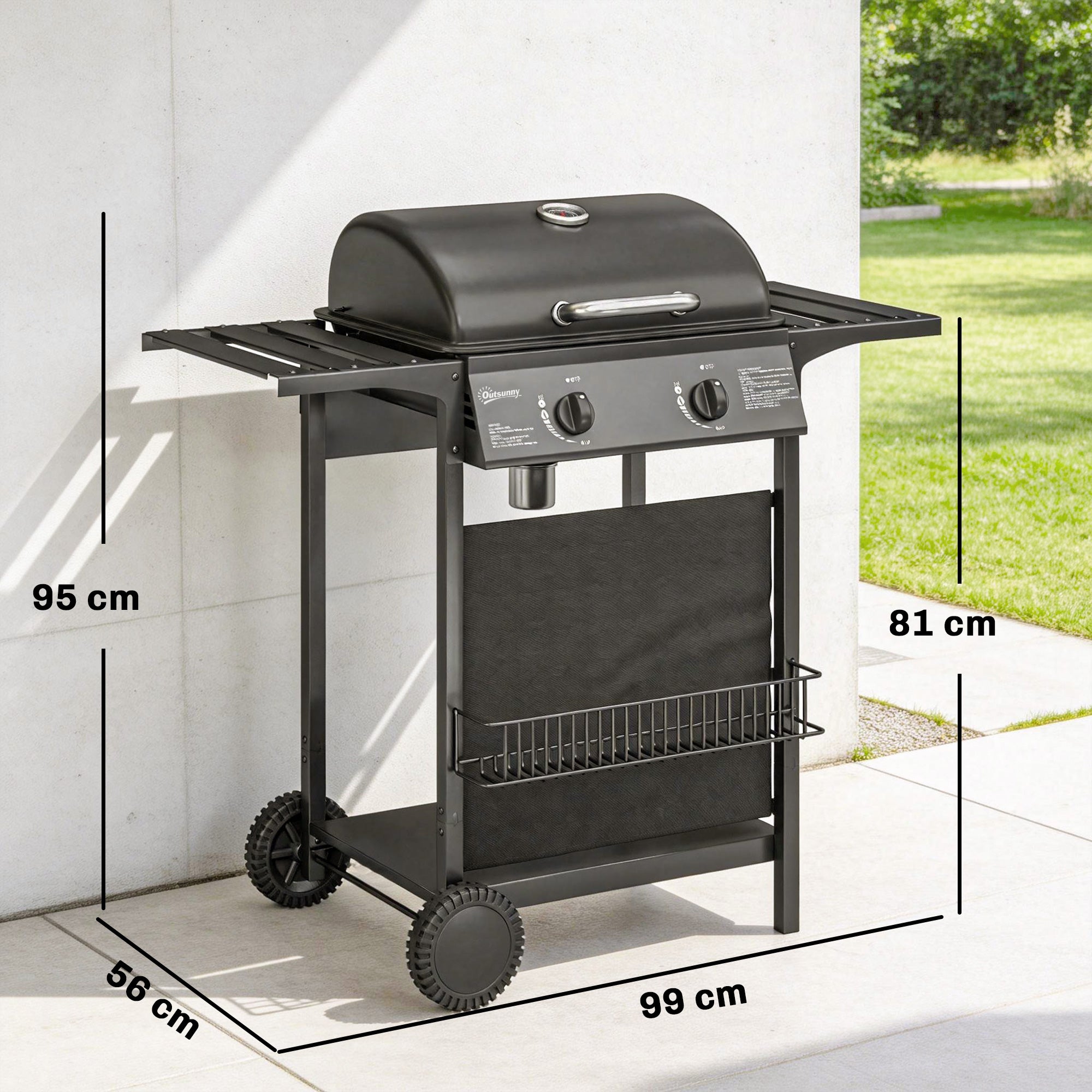 Outsunny Gas Burner Barbecue Grill, 2 Burner Gas Grill with Side Tables, Warming Rack, Shelf, Thermometer, Grease Tray, Black 