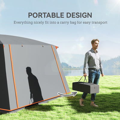 Outsunny 4-6 Man Camping Tent, Double Layer Tunnel Tent with Porch, Living Area and 2 Bedrooms, Sewn in Groundsheet, 3000mm Waterproof and UPF 30+, Portable with Bag, Grey 