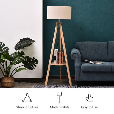 HOMCOM Free Standing Tripod Floor Lamp Bedside Light Reading Light with Storage Shelf Linen Shade for Living Room Bedroom, 154cm, Cream 