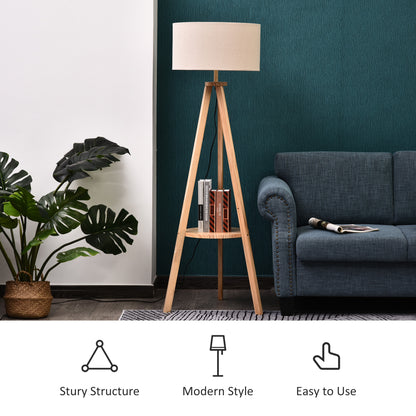 HOMCOM Free Standing Tripod Floor Lamp Bedside Light Reading Light with Storage Shelf Linen Shade for Living Room Bedroom, 154cm, Cream 