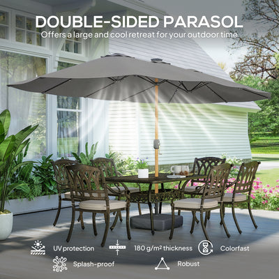 Outsunny Double Sided Garden Parasol with Base Included & 48 Solar LED Lights Patio Umbrella Crank Handle 4.6m Light Grey 