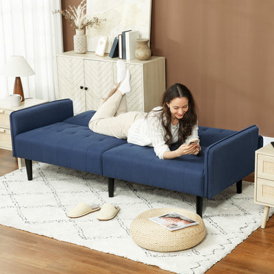 HOMCOM Upholstered Click Clack Sofa Bed, Linen-Feel 3 Seater Sofa Bed with Storage and Cupholders, Dark Blue 