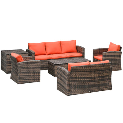 Outsunny 6 Pieces Rattan Garden Furniture Set, 7 Seater Wicker Outdoor Furniture Set with Storage Tea Table & Side Table, Sectional Garden Sofa Set with Cushions, Orange 