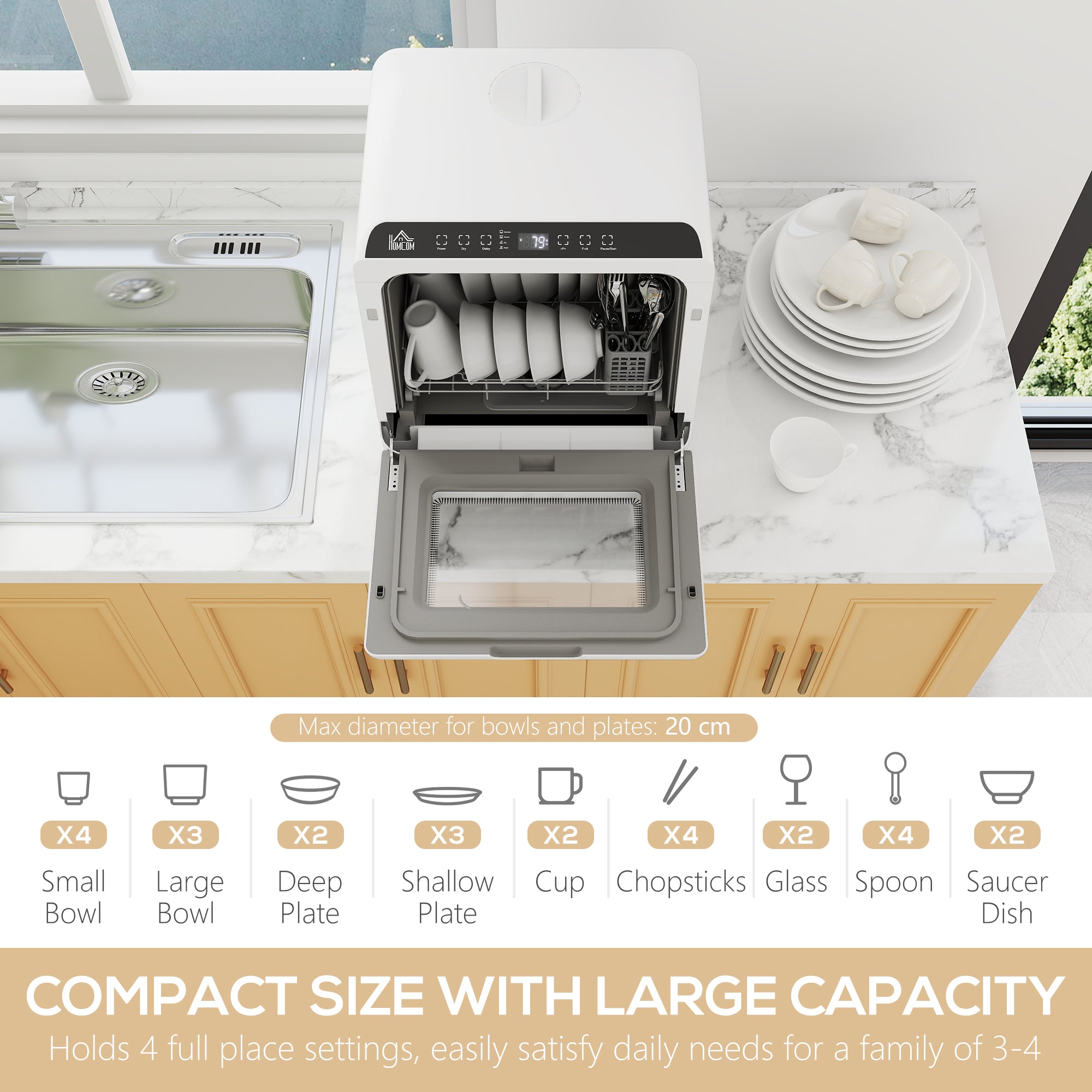 HOMCOM 6L Five-Mode Tabletop Dishwasher - White 
