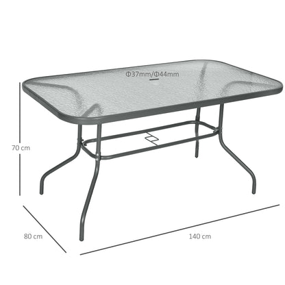 Outsunny Garden Dining Table Glass Top Metal Frame with Parasol Hole Outdoor Balcony Grey 140L x 80Wcm 