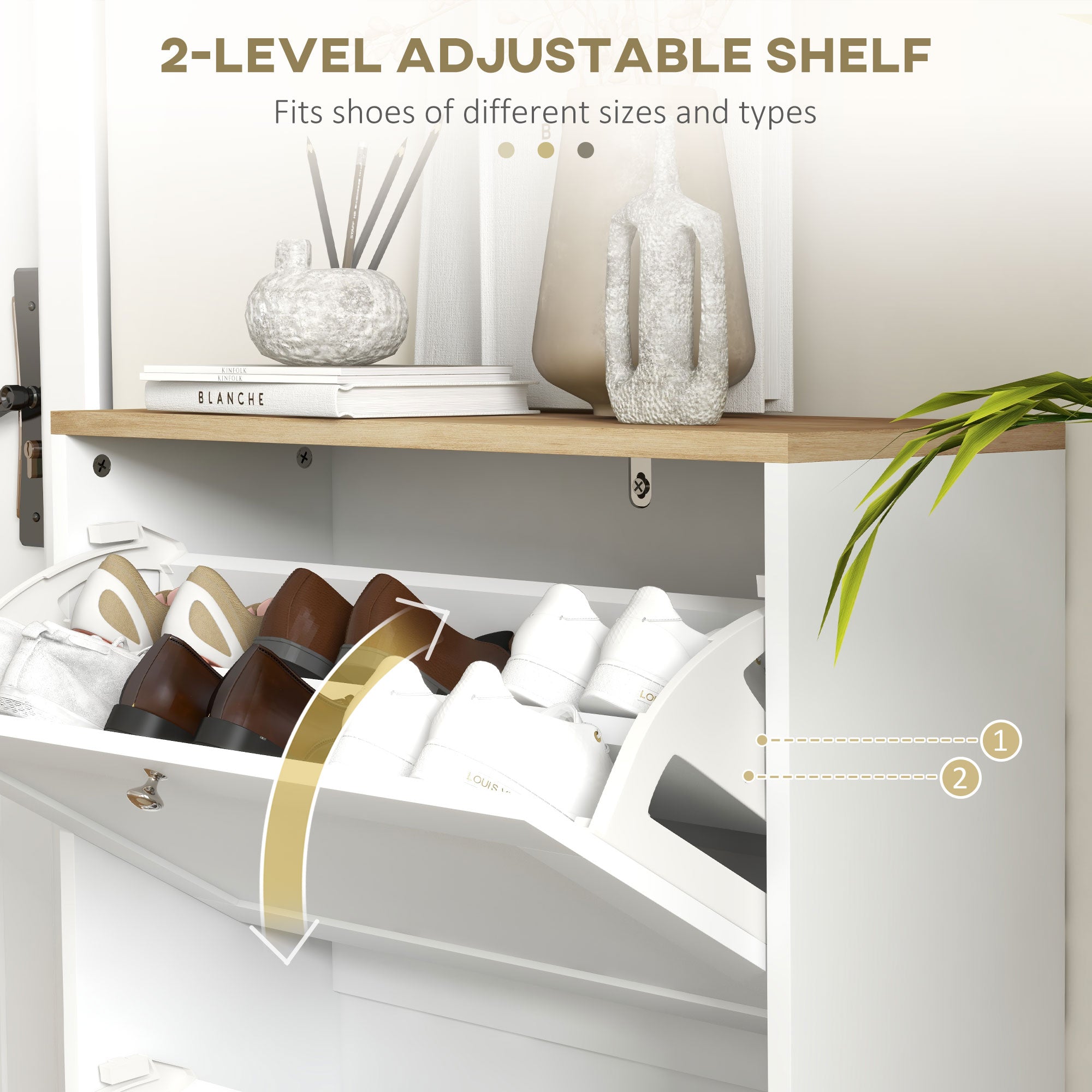 HOMCOM Narrow Shoe Cabinet with 2 Flip Drawers and Adjustable Shelves - White