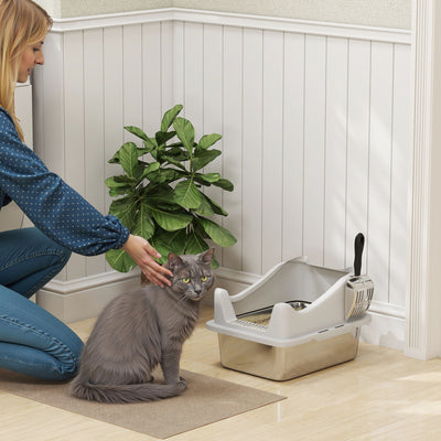PawHut Stainless Steel Cat Litter Box with High Sides, Scoop, 43 x 33 x 25 cm 
