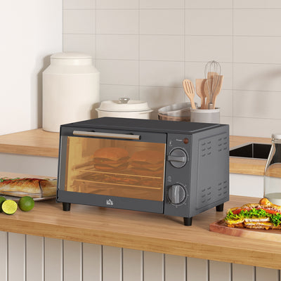 HOMCOM Mini Oven, 9L Countertop Electric Grill, Toaster Oven with Adjustable Temperature, Timer, Dishwasher Safe Baking Tray and Wire Rack, 750W, Grey 
