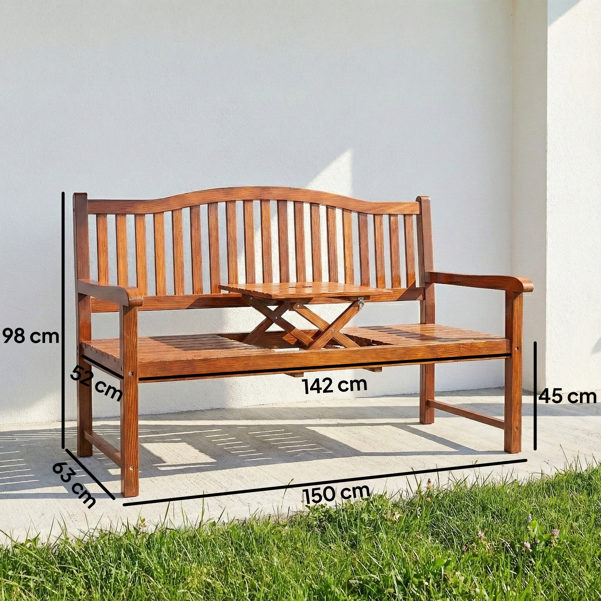 Outsunny Garden Loveseat Bench, 2-3 Seater Outdoor Bench with Liftable Table and Waterproof Cover, Light Brown 