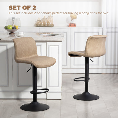 HOMCOM Bar Stools Set of 2, PU Leather Barstools with Backrest and Footrest for Kitchen, Counter, Breakfast Bar, Light Brown 