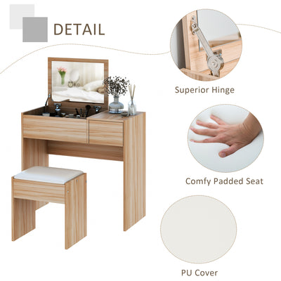 HOMCOM Makeup Desk with Drawer, Vanity Table Set with Flip-up Mirror and Cushioned Stool, Natural 