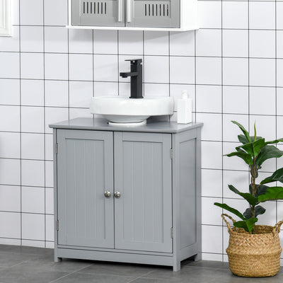 kleankin 60x60cm Under-Sink Storage Cabinet w/ Adjustable Shelf Handles Drain Hole Bathroom Cabinet Space Saver Organizer Grey 