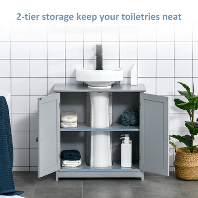 kleankin 60x60cm Under-Sink Storage Cabinet w/ Adjustable Shelf Handles Drain Hole Bathroom Cabinet Space Saver Organizer Grey 