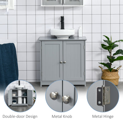kleankin 60x60cm Under-Sink Storage Cabinet w/ Adjustable Shelf Handles Drain Hole Bathroom Cabinet Space Saver Organizer Grey 