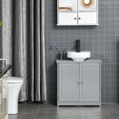 kleankin 60x60cm Under-Sink Storage Cabinet w/ Adjustable Shelf Handles Drain Hole Bathroom Cabinet Space Saver Organizer Grey 