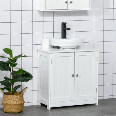 kleankin 60x60cm Under-Sink Storage Cabinet w/ Adjustable Shelf Handles Drain Hole Bathroom Cabinet Space Saver Organizer White 