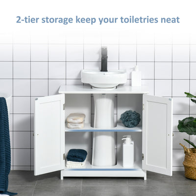 kleankin 60x60cm Under-Sink Storage Cabinet w/ Adjustable Shelf Handles Drain Hole Bathroom Cabinet Space Saver Organizer White 