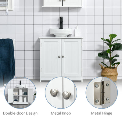 kleankin 60x60cm Under-Sink Storage Cabinet w/ Adjustable Shelf Handles Drain Hole Bathroom Cabinet Space Saver Organizer White 