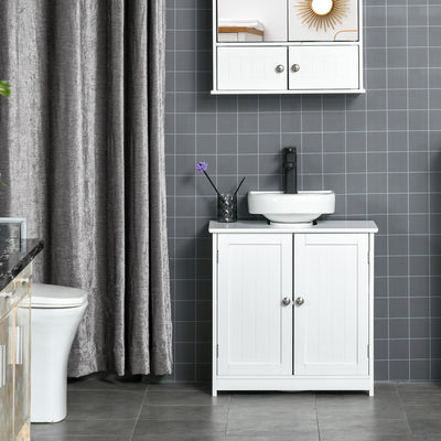 kleankin 60x60cm Under-Sink Storage Cabinet w/ Adjustable Shelf Handles Drain Hole Bathroom Cabinet Space Saver Organizer White 