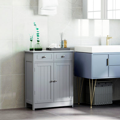 kleankin 75x60cm Freestanding Bathroom Storage Cabinet Unit w/ 2 Drawers Cupboard Adjustable Shelf Metal Handles Traditional Style Grey 