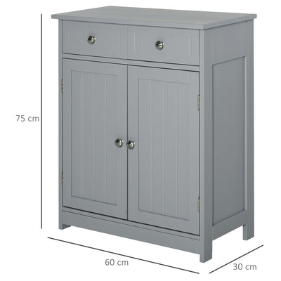 kleankin 75x60cm Freestanding Bathroom Storage Cabinet Unit w/ 2 Drawers Cupboard Adjustable Shelf Metal Handles Traditional Style Grey 