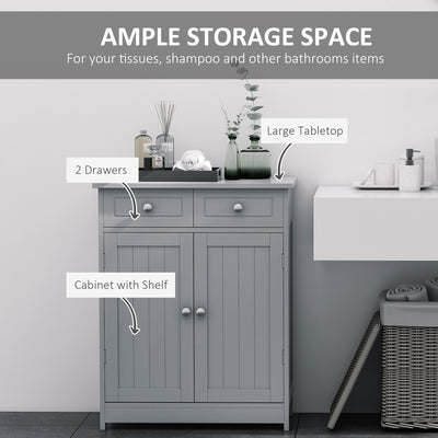 kleankin 75x60cm Freestanding Bathroom Storage Cabinet Unit w/ 2 Drawers Cupboard Adjustable Shelf Metal Handles Traditional Style Grey 