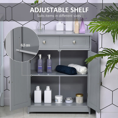 kleankin 75x60cm Freestanding Bathroom Storage Cabinet Unit w/ 2 Drawers Cupboard Adjustable Shelf Metal Handles Traditional Style Grey 