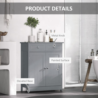 kleankin 75x60cm Freestanding Bathroom Storage Cabinet Unit w/ 2 Drawers Cupboard Adjustable Shelf Metal Handles Traditional Style Grey 