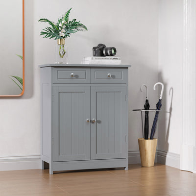 kleankin 75x60cm Freestanding Bathroom Storage Cabinet Unit w/ 2 Drawers Cupboard Adjustable Shelf Metal Handles Traditional Style Grey 