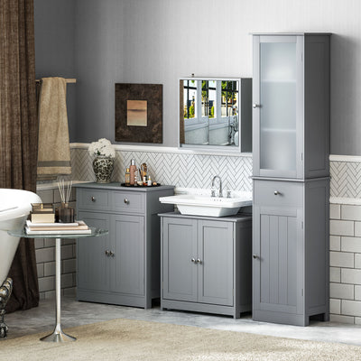 kleankin 75x60cm Freestanding Bathroom Storage Cabinet Unit w/ 2 Drawers Cupboard Adjustable Shelf Metal Handles Traditional Style Grey 