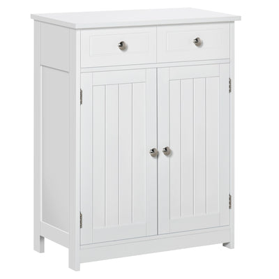 kleankin 75x60cm Freestanding Bathroom Storage Cabinet Unit w/ 2 Drawers Cupboard Adjustable Shelf Metal Handles Traditional Style White 