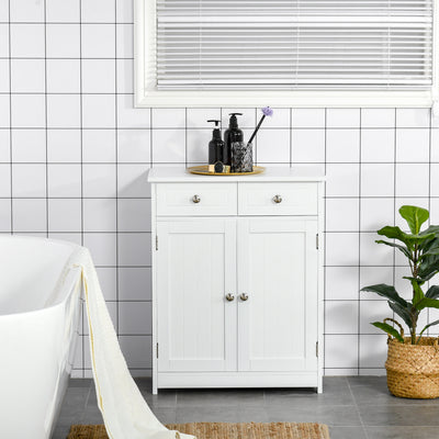 kleankin 75x60cm Freestanding Bathroom Storage Cabinet Unit w/ 2 Drawers Cupboard Adjustable Shelf Metal Handles Traditional Style White 