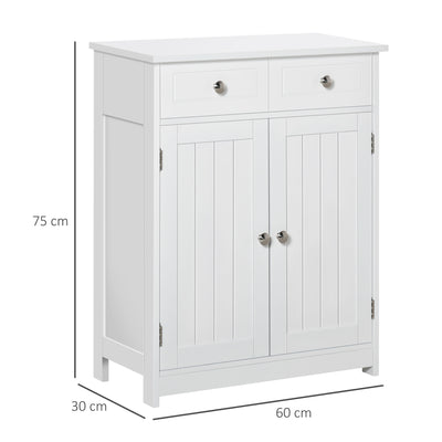 kleankin 75x60cm Freestanding Bathroom Storage Cabinet Unit w/ 2 Drawers Cupboard Adjustable Shelf Metal Handles Traditional Style White 